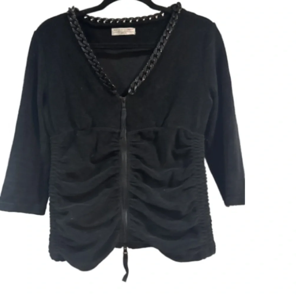 Boston Proper Black zip front French terry jacket with Chain Accent - Picture 1 of 6